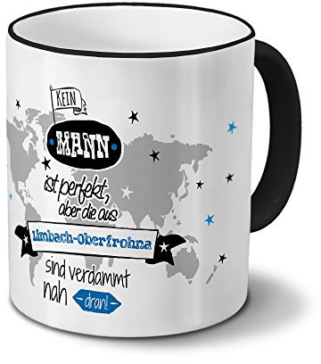 printplanet Tasse mit Namen Limbach-Oberfrohna - Motiv Kein Mann ist Perfekt, Aber. - Namenstasse, Kaffeebecher, Mug, Becher, Kaffeetasse - Farbe Schwarz