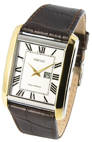 MARQUIS Herren Armbanduhr Funkuhr Lederarmband mit Edelstahlverschluss Edelstahlgehäuse Unisex