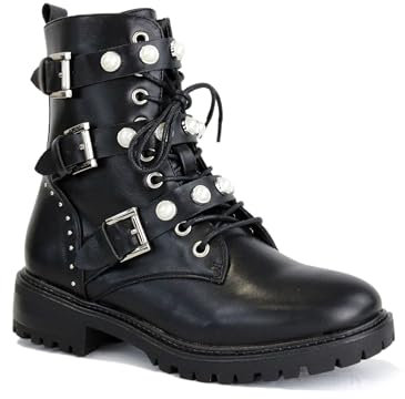 irisaa Damen Stiefeletten Stiefel schwarz mit Strass oder Perlen Schnür Biker Boots, Größe Normal:37, Winterschuhe Farbe 2019:Black Black