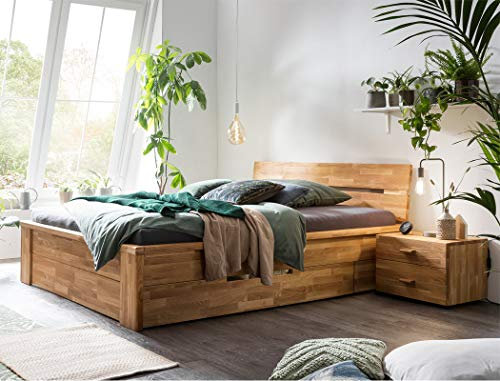 expendio Massivholzbett Cleo 140x200 Wildeiche geölt Schubladenbett + 1x Nachttisch Stauraumbett Jugendbett Singlebett Gästebett Holzbett Bett