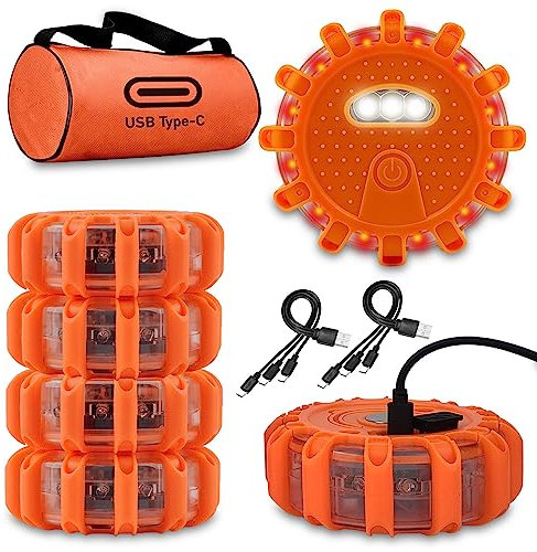 Ecoangel USB-C Rechargeable LED Road Flares Emergency Lights-Large Capacity (Lithium Battery) 3 in 1 Cable Roadside Warning Car Safety Beacon Flashing Disc Flare Kit with Magnetic Base for Vehicles