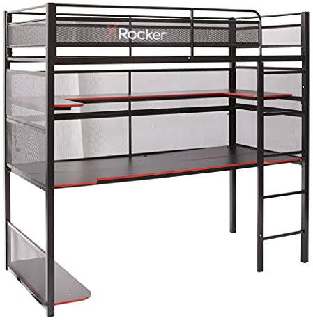 X-Rocker Battlebunk Bunk Bed with Desk, High Sleeper with Desk, Single Loft Bed with Open Shelves, Metal Frame Gaming Bed for Kids Teenagers with Gaming Desk, 90x190cm Single Mattress Included - BLACK