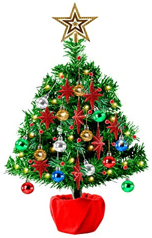 Tabletop Christmas Tree with Lights Battery Operated,Green Small Artificial Christmas Tree Mini Pre-Lit Xmas Tree Desktop with Star Topper,Ball Ornaments for School Dining Xmas,50cm
