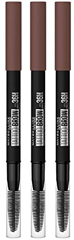 3 x Maybelline Tattoo Brow 36h Augenbrauenstift, temperierbar, langanhaltender Halt, Farbe 07, Deep Brown – 3 Bleistifte