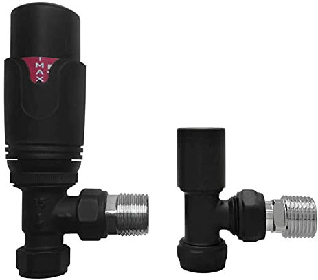 Standard Radiator Valves for Central Heating (Pair) | Sizes and Colors for Designer Bathroom (Black TRV Angled Valves 15mm)