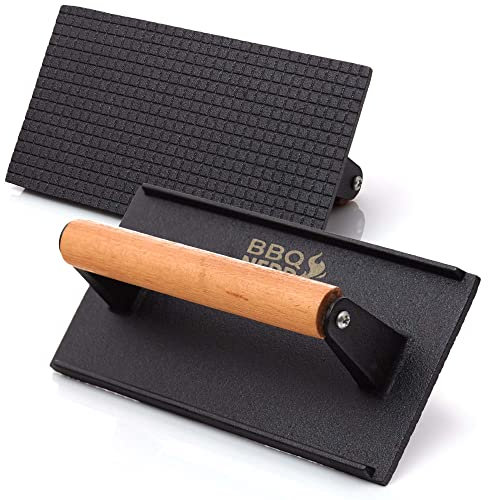 BBQ Nerd Fleischpresse aus Gusseisen mit Holzgriff - 21x11 cm rechteckig - Fleischbeschwerer Burgereisen Grillpresse - Grillgewicht für BBQ Fleisch, Steak, Bacon, Käse, Sandwiches etc.