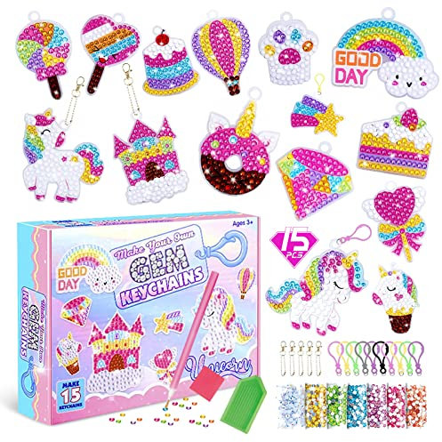 CAYUDEN Diamond Painting Schlüsselanhänger, 15 Stück 5D Diamond Painting Keychain Kits Kids DIY Einhorn Diamant Anhänger Ornamente DIY Gem Art Anhänger Bastelset Kinder ab 4 Jahre Mädchen 6 8 10 12