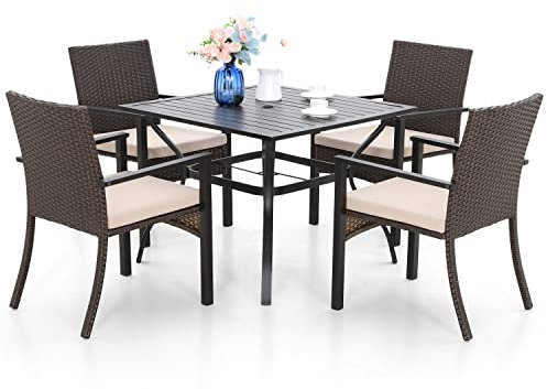 MFSTUDIO Rattan Gartenmöbel Set, Terassenmöbel Wetterfest, Sitzgruppe Metall Gartentisch mit Stühlen, Polyrattan Garten Möbel, 4cm Schirmloch