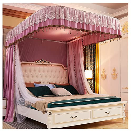 ZMYJTO Prinzessin Bettvorhang Himmelbett Vorhänge mit U-förmiger Schienenhalterung Moskitonetz für Queensize-Bett für Mädchen Erwachsene Geschenk (Größe: 200 x 180 x 215 cm, Farbe: Pink)