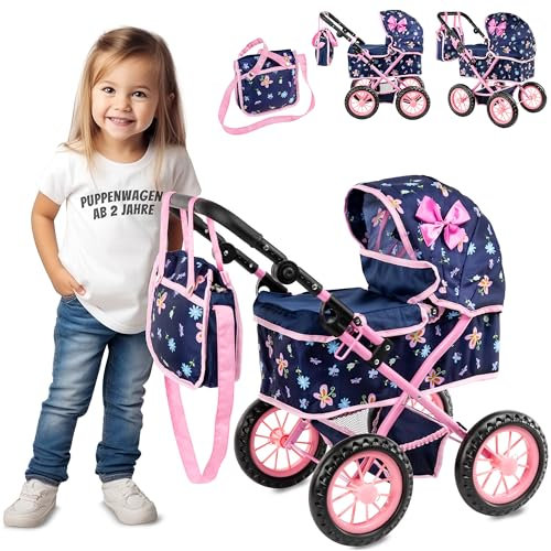 Kinderplay Poussette profonde pour poupée avec auvent réglable et sac de rangement
