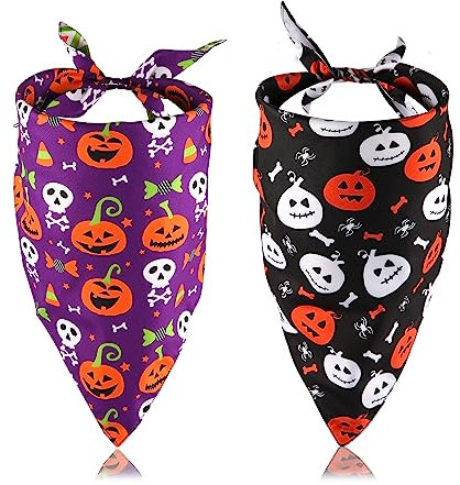 2 Stück Halloween Hundehalstücher, 2 Farben Halloween Hundeschal Doppelseitig Hund Bandana Haustier Halloween Kostüm Hundehalstuch Dreieck für Kleine Mittelgroße Hunde (Kürbis-Stil)
