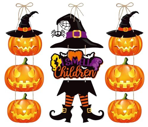 SJUNJIE 3 Pezzi Segni Appesi di Halloween,Cartello Decorativo Zucca per Porta D'Ingresso con Spago e Adesivi Murali,Riutilizzabile Halloween Decorativo Porta Appesa per Interni ed Esterni