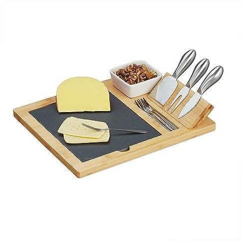 Relaxdays Plateau de fromages & Plateau en Ardoise, 3 Couverts, récipient à Sauce, 4 fourchettes, Bambou, Nature - Noir