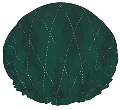 Shower Cap,Dark Green With Thin Slim Golden Dotted Line Double Waterproof Bathing Cap,Elastic Reusable Shower Cap,Bath Caps Nightcap