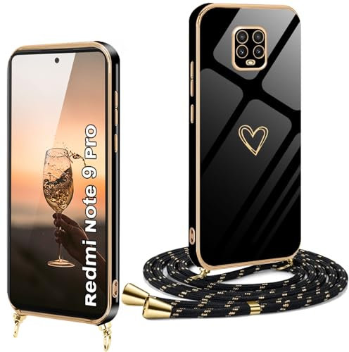 Funda para Redmi Note 9 Pro/9S/9 Pro Max con Cuerda, Carcasa Redmi Note 9 Pro con Correa Colgante Ajustable Collar de Cuello Fundas con Cordón Suave Silicona de Corazón con Chapado en Oro de Lujo Case