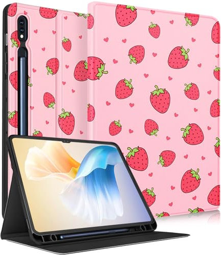 Wazzasoft for Samsung Galaxy Tab S9 Ultra/S8 Ultra 14.6 inch 2022/2023 Unisex Pink Strawberry Pattern Cute Girly Folio Case with Auto Sleep/Wake & Pencil Holder for Home/Office/Travel/Stylus Use