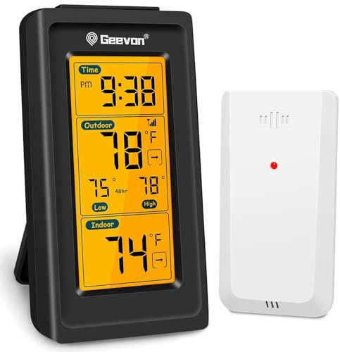 Geevon Indoor Outdoor Thermometer Wireless Digital Hygrometer Temperature Gauge with Time, 200ft/60m Range Temperature Humidity Sensor (151 Black No Batterires)