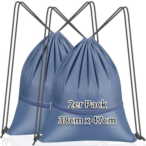 KOOOGEAR 2 Bolsas de Deporte 38 x 47 cm Con Cordón y Cremallera para Gimnasio, Escuela, Viajes, Natación, Vacaciones en la Playa - Mujeres y Hombres, 2 Deep Blue