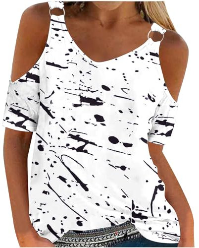 HAOLEI Today Deals Cold Shoulder Tops for Women UK Elegant Sexy Floral Dressy Top Summer Off The Shoulder T-Shirt V-Neck Short Sleeve Tee Shirts Cute Vintage Print Boho Going Out Blouse Tunic