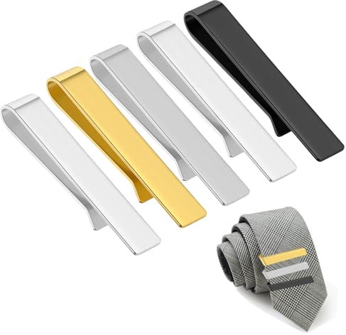 5 Pièces Pince à Cravate Slim pour Hommes, Épingles à Cravate, Pinces à Cravate Classiques pour Hommes vie Quotidienne o Mariage, Cadeau de Fête de Mariage (Argent/Or/Noir)