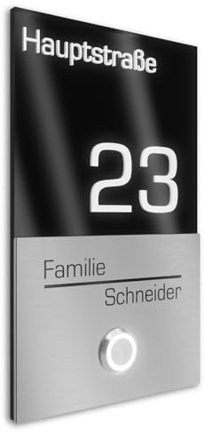 Graviers Design V2A Edelstahl Türklingel mit Hausnummer Straße Namen Gravur - Klingelschild 110x180mm LED-Taster Klingelplatte modernes Design aus Edelstahl Acryl Schwarz