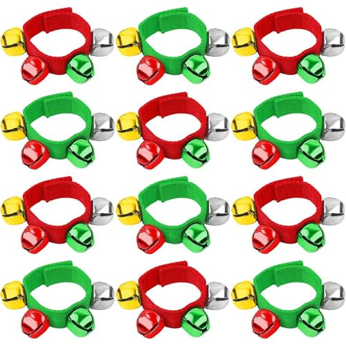 Augshy Lot de 12 bracelets de Noël, avec clochettes rouges, vertes, dorées, argentées, instruments de musique, cloches de cheville réglables