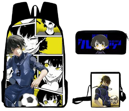 Xinchangda Blue Lock Rucksack 3-teiliges Set, Anime Isagi Yoichi/Seishiro Nagi/Reo Mikage Schulrucksäcke Anime Studenten Schultasche + Federmäppchen + Schultertasche, Bachira Meguru, 30 x 13 x 40 cm