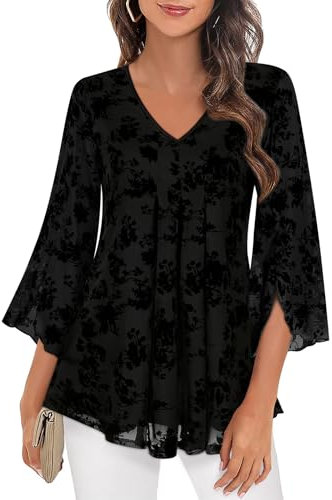 Flikity Ladies Tops 3/4 Sleeve Tops for Women UK Elegant V Neck Blouses Evening Going Out Party Top Chiffon Top Office Wear Work Clothes Flowy Tunic Shirts M