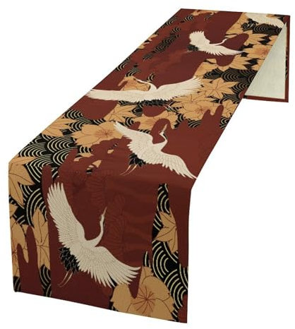 Japanischer Retro-Tischläufer mit Kranich, luxuriös, goldfarben, rot, orientalischer Stil, chinesischer Kranich, Vogel, Blumendruck, Tischläufer für Küche, Esstisch, Urlaub, Party, Hochzeit,