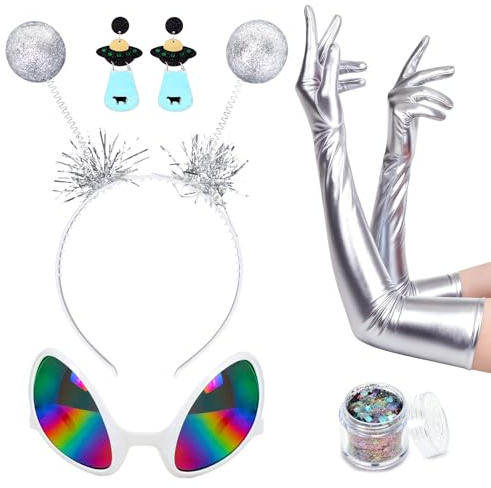 Alien Kostüm Zubehör, Alien Haarreif + Ohrringe + Handschuhe + Brillen + Holografischer Glitter, Space Girl Accessories, Weltall Kostüm für Karneval Fasching Halloween Party