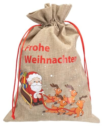 Idena 30525 - Weihnachtsgeschenkesack ca. 15 x 22 cm, Stoffbeutel mit Weihnachtsmann im Rentierschlittten und Aufschrift Frohe Weihnachten, Weihnachtssack mit roter Kordel