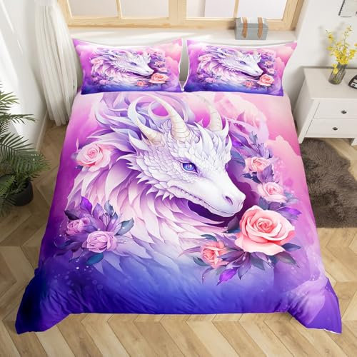 Homewish Fantasy Dragon Single Bedding Set,Pink Rose Floral Dragon Duvet Cover for Kids Boys Girls,Purple Galaxy Flower Bed Set Cartoon Western Dragon Duvet Cover 2Pcs (No Comforter)