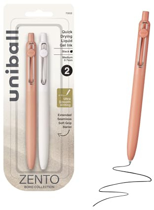 Uni-ball Zento Gel Ink Rollerball Pens, 2 Black Medium Point Smooth Writing Pens, Colored Japanese Pens, Boho Colors