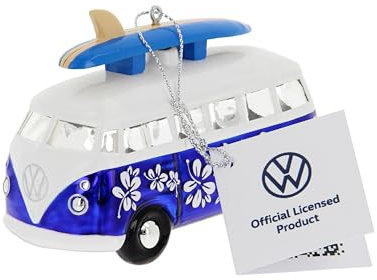 BRISA VW Collection - Volkswagen T1 Bulli Bus Weihnachtsschmuck & Dekoration aus Glas in Geschenkbox (Maßstab 1:40, Blau mit Surfbrett)