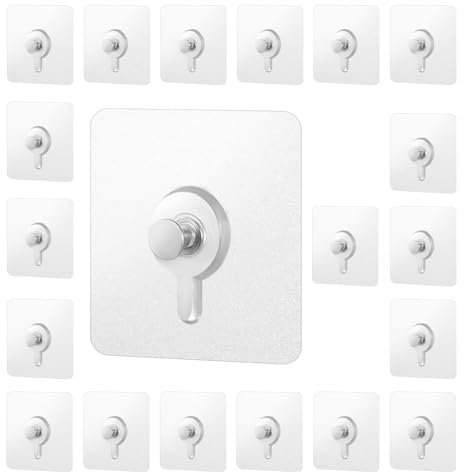 20PCS Wall Hooks Stick On Drill Free Adhesive Hooks for Hanging, No-Trace Sticker Wall Frame Picture Hangers Without Nails, Transparent Hooks with Waterproof&Oilproof for Kitchen, Bathroom(7cm)
