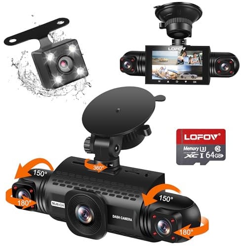 360° View 4 Channel Dash Cam Front and Rear Inside Left Right, LOFOV Dash Camera for Cars FHD 4 * 1080P Free 64GB SD Card, Multi-Ch Dash Camera for Cars,Night Vision, G-Sensor, 24H Parking Mode