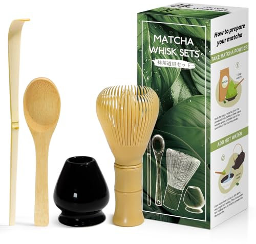 4 Pièces Matcha kit ceremonie japonais, Jaune Fouet en Résine Chasen, Cuillère en bambou, pelle en bambou, Porte-Fouet, Coffret matcha pour la cérémonie du thé, la boisson - Noir brillant