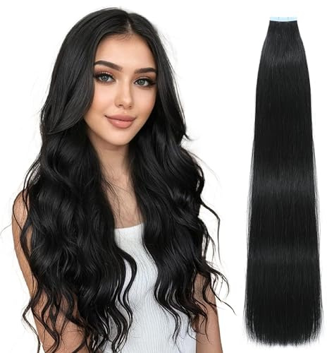 Lveyan Tape in Hair Extensions Human Hair 16 Inch Jet Black Remy Human Hair for Women Skin Weft 50g/Pack Invisible Tape in Hair Extensions 16 Inch Jet Black 20 Pieces