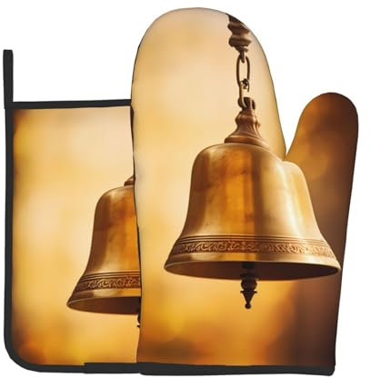 WZYWHJ Bell Made of Copper or Bronze Picture Oven Mitts and Pot Holders Set for Cooking, Microwave, Grilling - with Lanyard Design