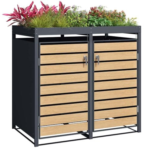 SCHARTEC Mülltonnenbox 2er anthrazit mit Holz-Design und Pflanzendach erweiterbar 240l Mülltonnenverkleidung mit Pflanzenkasten Mülltonnen Sichtschutz Unterstand für 2 Tonnen