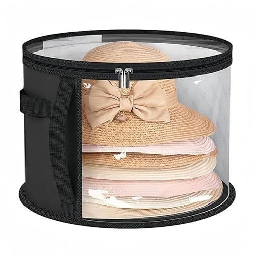 Large Round Hat Storage Box for Women Men Travel Organizer Case w/Dustproof Lid (Black)
