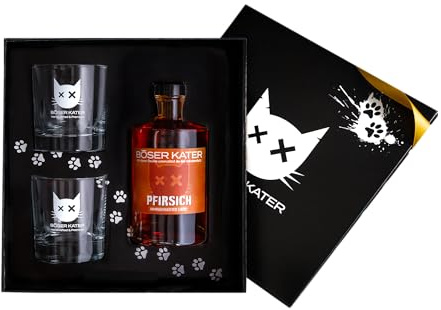 BÖSER KATER Pfirsich Peach Likör Geschenkset mit 2 Gläsern 0,5l | Fruchtiger Weinbergpfirsich | Perfekte Geschenkidee | Ideal für Cocktails oder als Spritz Aperitif mit Secco 20% Vol.