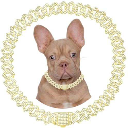 Goldfarbenes Hundehalsband, glitzernde Diamanten, kubanische Glieder, Welpenhalsband mit sicherer Schnalle, Metallkette, Halskette, Kristallschmuck, Katzenhalsband für kleine, mittelgroße und große