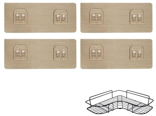 Shower Caddy Adhesive Hooks Replacement,Strong Adhesive Hooks,Gold Double Claw Sticky Hook(No Drilling) Waterproof Bathroom Hook for Home,Bathroom Shower Caddy Kitchen Rack Storage Shelves(Gold,4 Pcs)