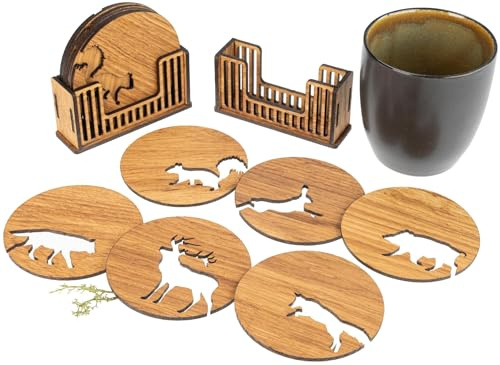 Glas Untersetzer 6er Set aus Eiche mit geometrischem Motiv – Runde Holz Untersetzer geölt – Stilvolle Tischuntersetzer für Gläser & Tassen – Handgefertigt