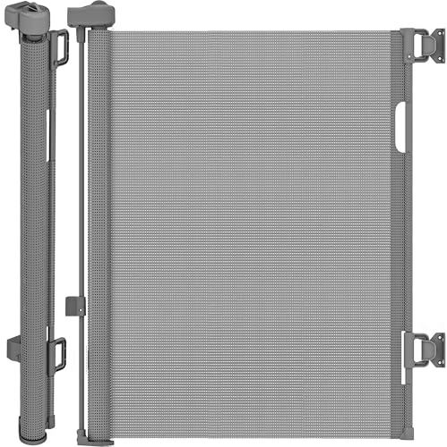 DIKOTS Grey Retractable Stair Gate for baby & Pet - 180 cm wide & 86 cm tall extendable baby gate - Retractable Stair Gates for Dog & cat - Baby gate for stairs, Indoor & doorways