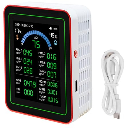 Jeffergarden Luftqualitätsmonitor CO2 TVOC HCHO PM2.5 PM10, USB-C | 2,8 Zoll HD Farbdisplay, 1 ppm CO2 Präzision, 2000 mAh mit 7h Laufzeit, Raumluftdatenlogger mit Trendanalyse