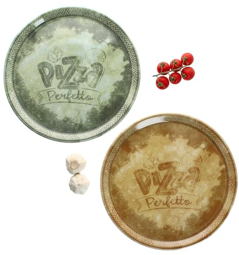 MamboCat Set di 2 piatti per pizza perfetti, Ø 31,5 cm, piatti in porcellana, 1 in giallo e verde, ideali per pizza, torte fiamme e molto altro ancora, grande piatto da portata con decorazione e