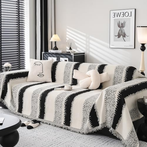 DeepDream Sofa Überzug 1/2/3/4 Sitzer, Chenille Sofaüberwurf Waschbar L Form Sektionssofa, Couch Überzug Sofa Überwurfdecke Futonbezug für Haustiere Kinder, 180 x 300cm, Gestreift Schwarz