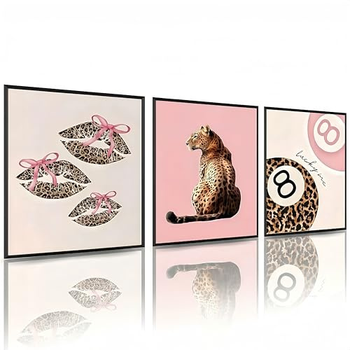 Linilioart 3 Stück Geparden-Wandkunst, adretter Leopardenmuster, Leinwanddruck, rosa Funky Lucky You, 8 Kugel-Poster, ästhetische Bilder für Mädchen, ungerahmt (21 x 30 cm)